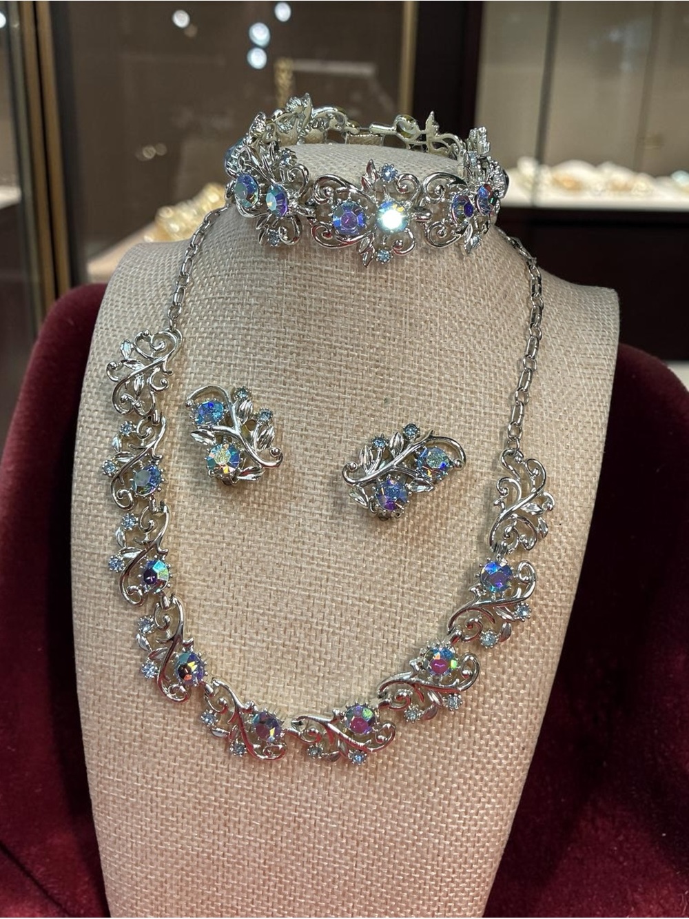 Coro Silver-Tone Necklace, Bracelet & Clip-On Earrings with Aurora Crystals